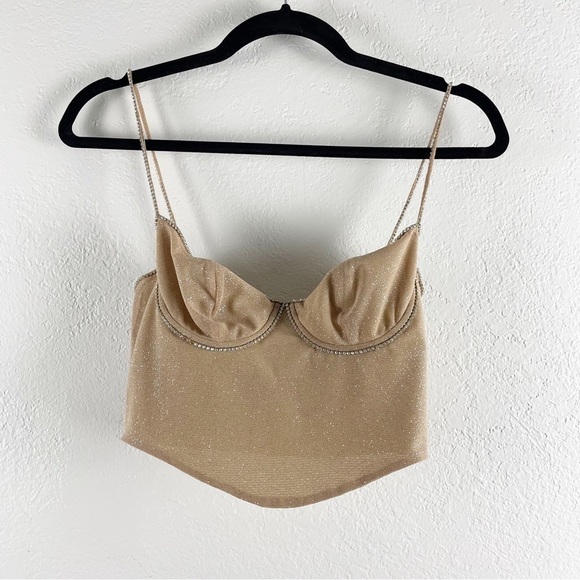 Mirror Palais Fairy Crystal Glitter Crop Bustier Top Small Tan Casual Trendy - Picture 2 of 7